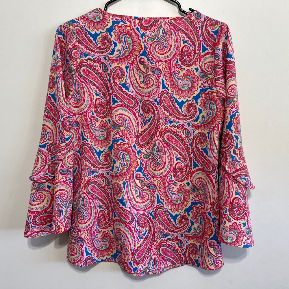 Belle by Kim Gravel Pink Paisley Tiered Bell Sleeve Blouse XXS Pink Blue Multi - Picture 6 of 7